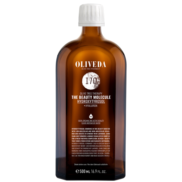 Braune Glasflasche mit weißem Verschluss, OLIVEDA I70 The Beauty Molecule Hydroxytyrosol + Hyaluron, 500 ml.