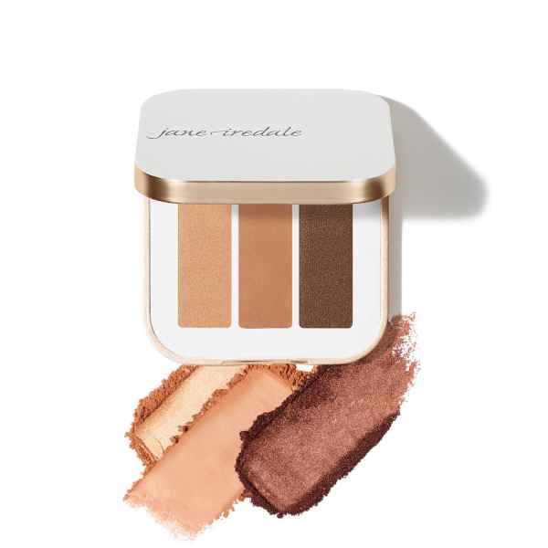 Jane Iredale Triple Eye Shadow Honeysuckle mit drei Farbtönen und geswatchten Farben auf weißem Hintergrund.