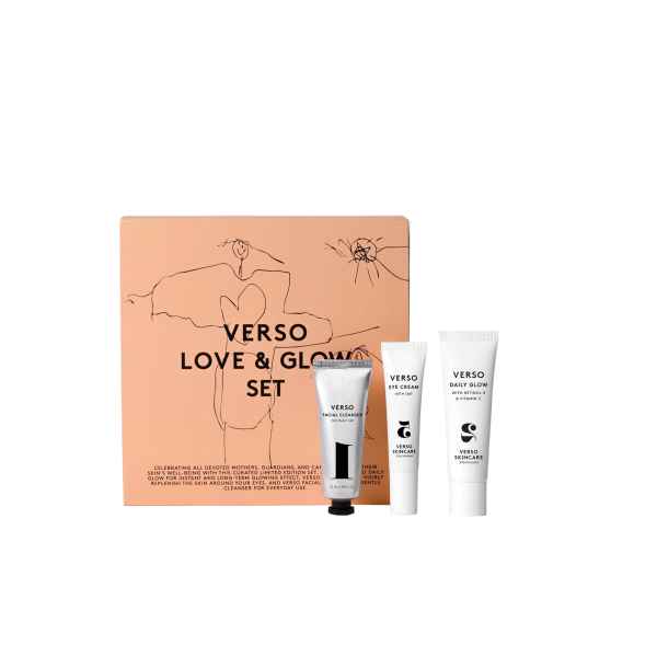 Verso Love & Glow Set mit drei Hautpflegeprodukten vor einer rosa Verpackung.