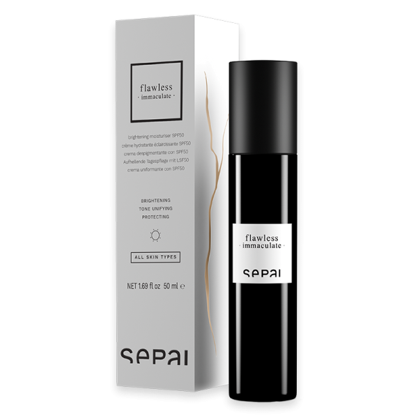 Sepai Flawless Immaculate Feuchtigkeitscreme SPF50, 50 ml, in schwarzer Flasche mit weißer Verpackung.