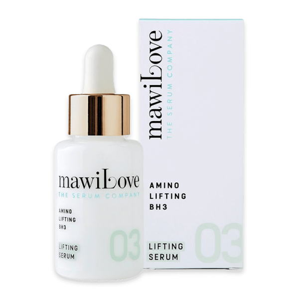 mawiLove Amino Lifting BH3 Serum 30ml Flasche und Verpackung, weiß mit goldener Pipette, Produktbild.