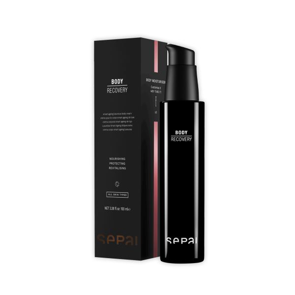 Schwarze Flasche und Verpackung von Sepai Body Recovery Körperpflegeprodukt.