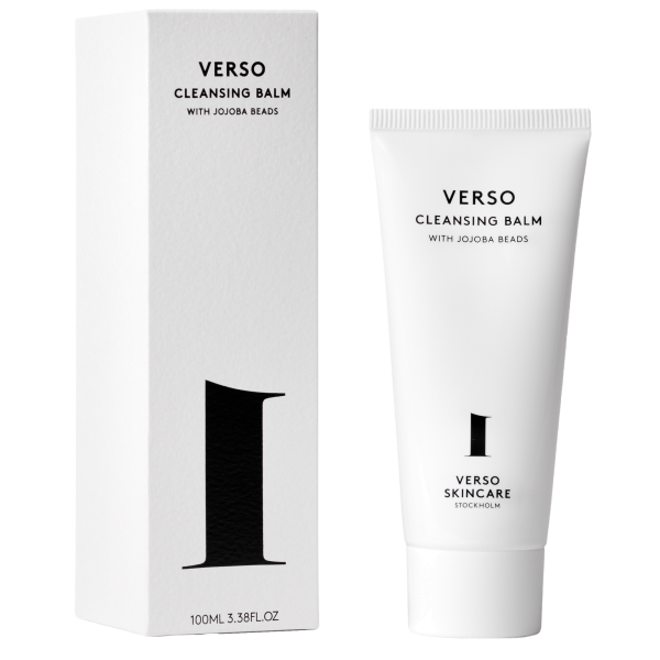 Verso Cleansing Balm mit Jojoba-Perlen, 100ml Tube und Verpackung, Produktbild.
