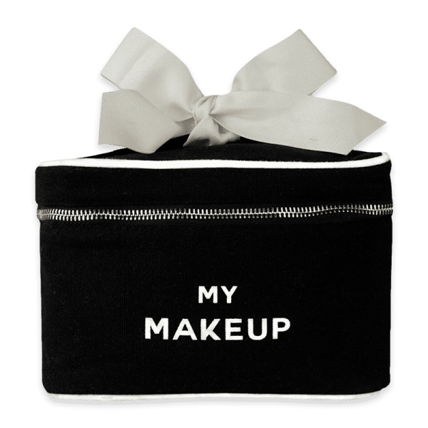 Schwarze Make-up-Tasche mit weißem Reißverschluss und Schleife, Aufschrift 'MY MAKEUP'.