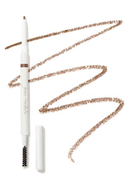 Jane Iredale Pure Brow Precision Pencil in Ash Blonde, geöffneter Stift mit gezeichneter Linie und abgenommener Kappe.