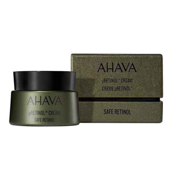 AHAVA pRetinol Creme und Verpackung, grün und schwarz, Safe Retinol.