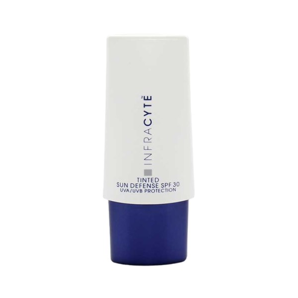 INFRACYTE Tinted Sun Defense SPF 30 Sonnenschutzcreme in weißer Flasche mit blauem Deckel.