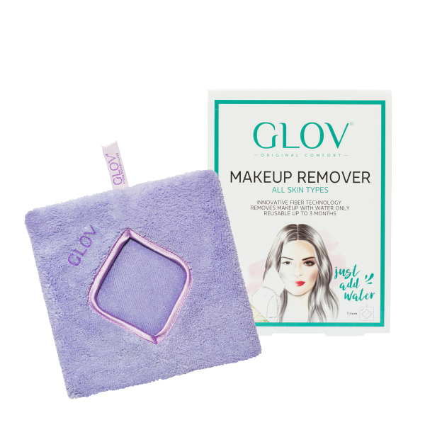 GLOV Make-up-Entferner für alle Hauttypen, lila Mikrofaserpad und Verpackung mit Abbildung einer Frau.