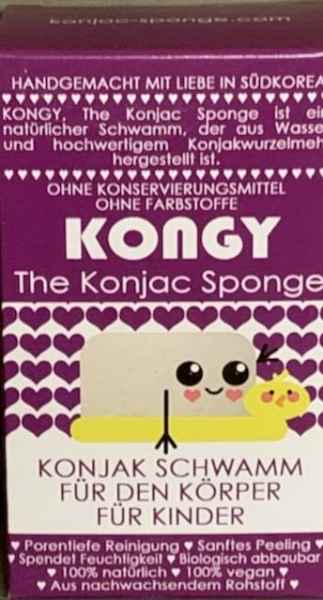 Lila Verpackung des Konjac Schwamms für Kinder von Kongy, handgemacht in Südkorea, ohne Konservierungsstoffe und Farbstoffe.