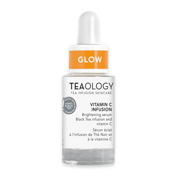 Flasche Teaology Vitamin C Infusion Serum mit Pipette und orangefarbenem Etikett 'GLOW'.