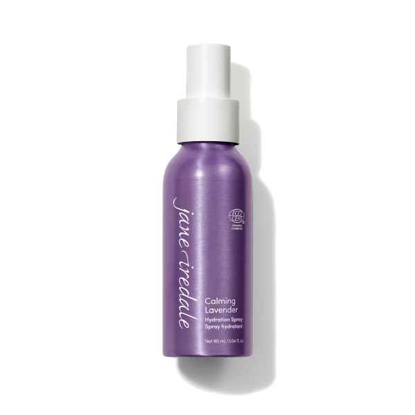 Lila Flasche mit Jane Iredale Calming Lavender Hydration Spray, 90 ml, auf weißem Hintergrund.