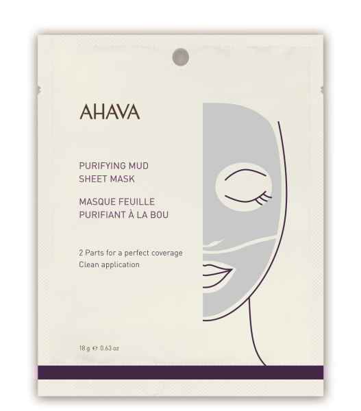 AHAVA Purifying Mud Sheet Mask Verpackung mit Gesichtsgrafik und Produktinformationen in Englisch und Französisch.