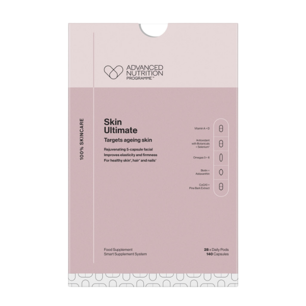 Verpackung von 'Skin Ultimate' Nahrungsergänzungsmittel mit 140 Kapseln zur Hautpflege, von Advanced Nutrition Programme.