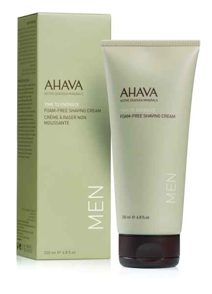AHAVA Time to Energize Rasiercreme für Männer, 200 ml Tube neben der Verpackung.