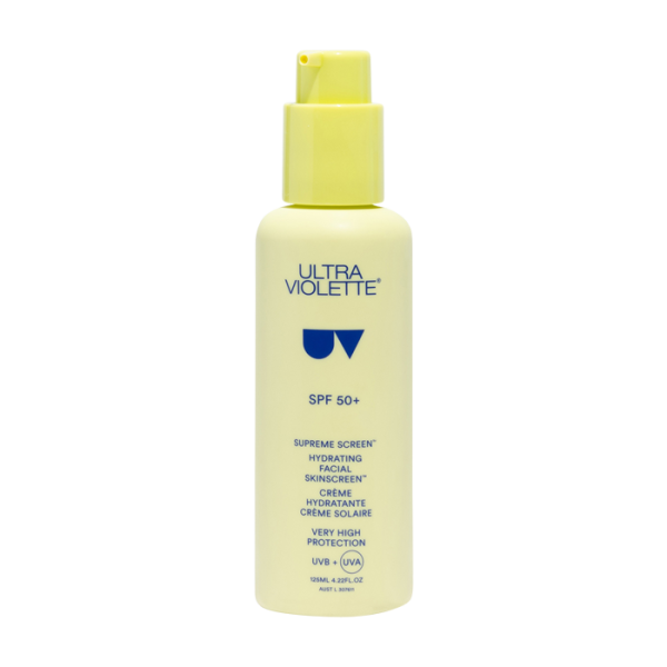 Gelbe Flasche Ultra Violette Supreme Screen SPF 50+ Feuchtigkeitsspendende Gesichtscreme mit UV-Schutz.