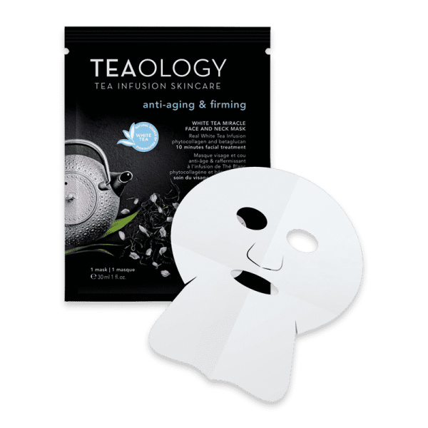 Teemaske von Teaology zur Hautstraffung und Anti-Aging, Verpackung und weiße Maske abgebildet.