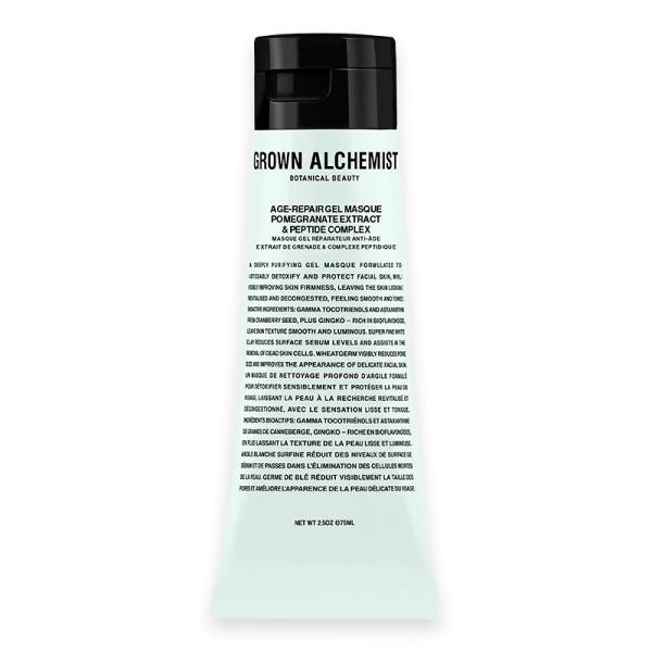 Grown Alchemist Age-Repair Gel Masque 75 ml, Pomegranate Extract & Peptide Complex, schwarze Tube mit weißem Text.
