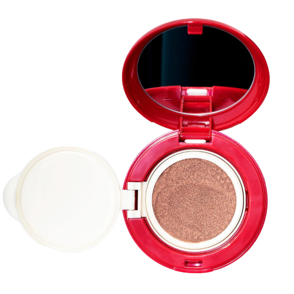Rotes Kompaktpuderetui mit Spiegel, geöffnet, zeigt braunes Puder.