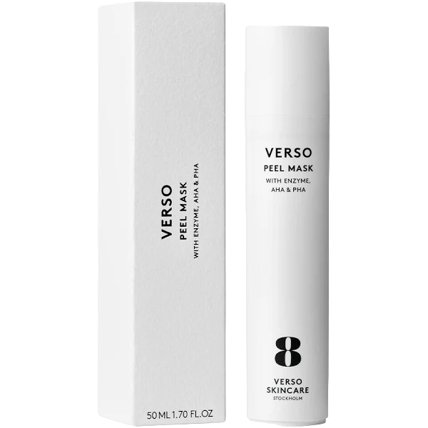 Verso Peel Mask mit Enzymen, AHA und PHA, 50 ml, neben der Verpackung.