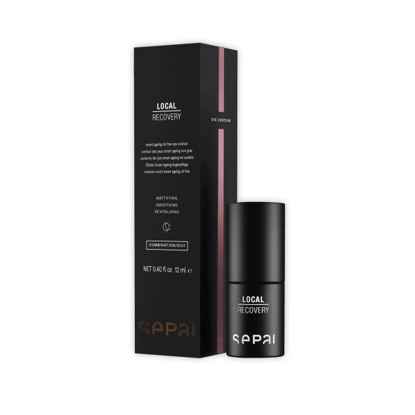 Schwarze Verpackung und Flasche von Sepai Local Recovery Augencreme, 12 ml, auf weißem Hintergrund.