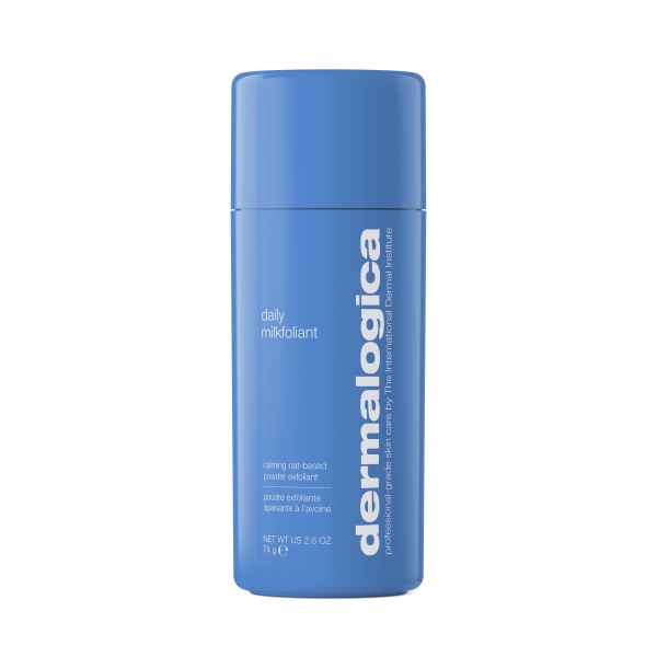 Blaues Dermalogica Daily Milkfoliant Peeling-Pulver, 2,6 oz, beruhigende Haferbasis.