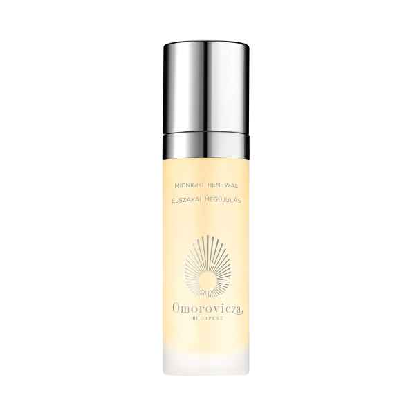 Flasche Omorovicza Midnight Renewal Serum mit silbernem Deckel und gelblicher Flüssigkeit.