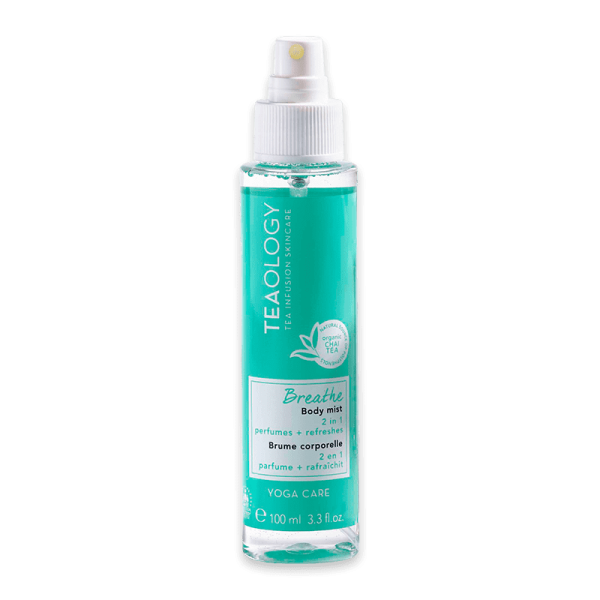 Teaology Breathe Body Mist 2-in-1, 100 ml, erfrischendes Körperparfüm in grünem Sprayflakon.