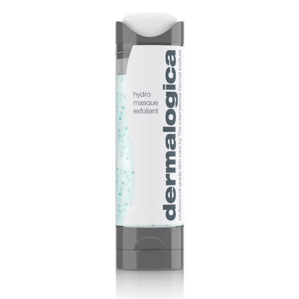 Dermalogica Hydro Masque Exfoliant in grauer und weißer Flasche mit blauem Gel.