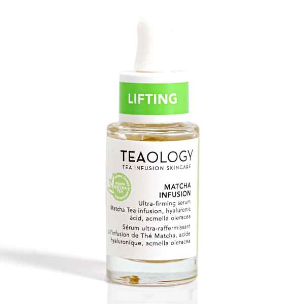 Flasche Teaology Matcha Infusion Serum mit Pipette und grünem 'Lifting'-Etikett.
