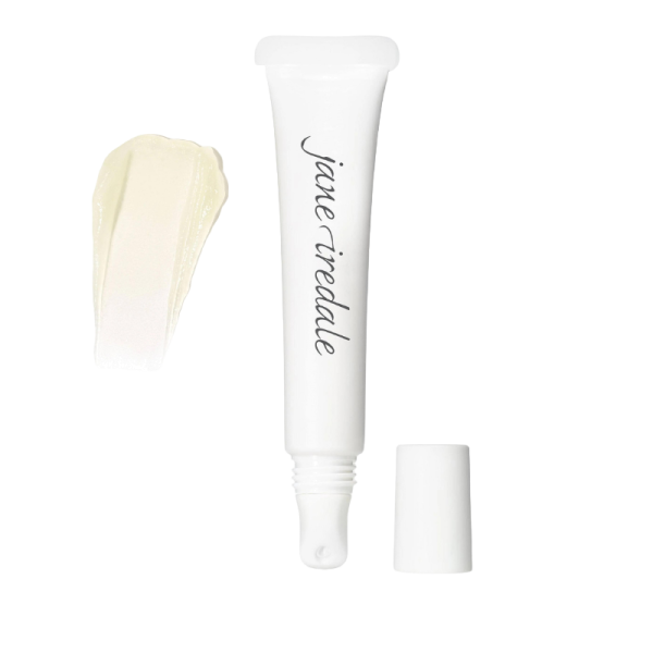 Jane Iredale HydroPure Hyaluronic Acid Lip Treatment in weißer Tube mit abgenommenem Deckel und Cremeprobe.