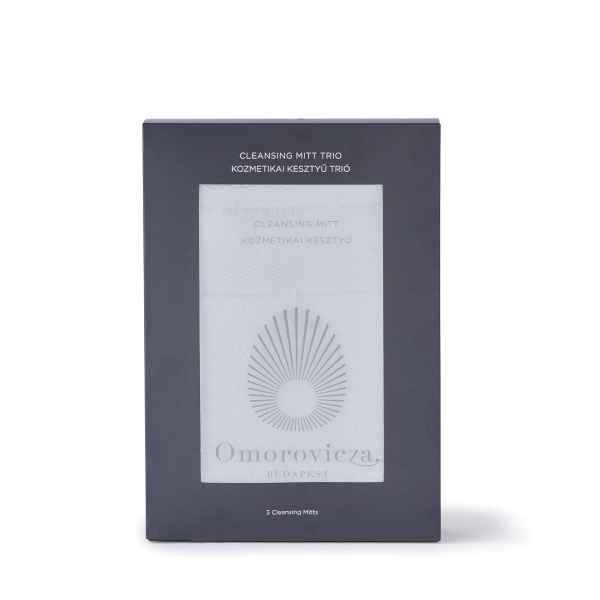 Verpackung von Omorovicza Cleansing Mitt Trio, graue Box mit weißem Handschuh und Logo.