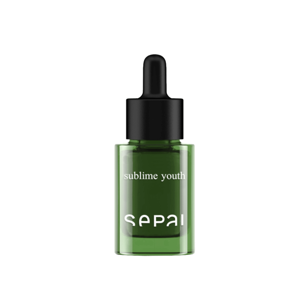 Grünes Fläschchen mit Pipette, beschriftet mit 'sublime youth' und 'SEPAI'.