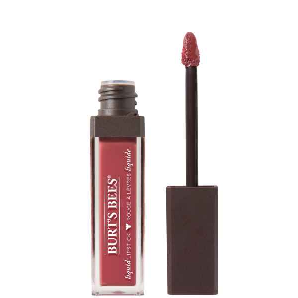 Burt's Bees flüssiger Lippenstift in roter Farbe, geöffnete Verpackung mit Applikator.
