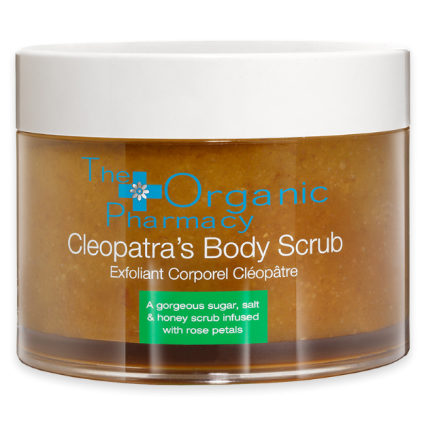 Ein Glas Cleopatra's Body Scrub von The Organic Pharmacy, ein Peeling mit Zucker, Salz, Honig und Rosenblättern.