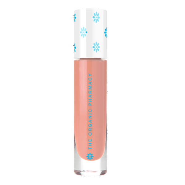 Flasche mit THE ORGANIC PHARMACY SHEER GLOW LIQUID BLUSH in Apricot, weißer Deckel mit blauen Blumen.