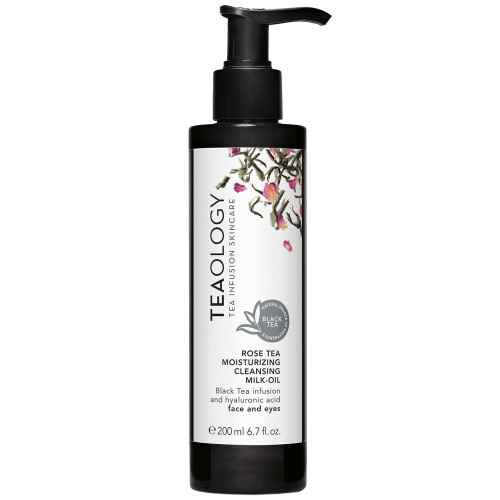 Flasche Teaology Rose Tea Moisturizing Cleansing Milk-Oil, 200 ml, auf weißem Hintergrund.