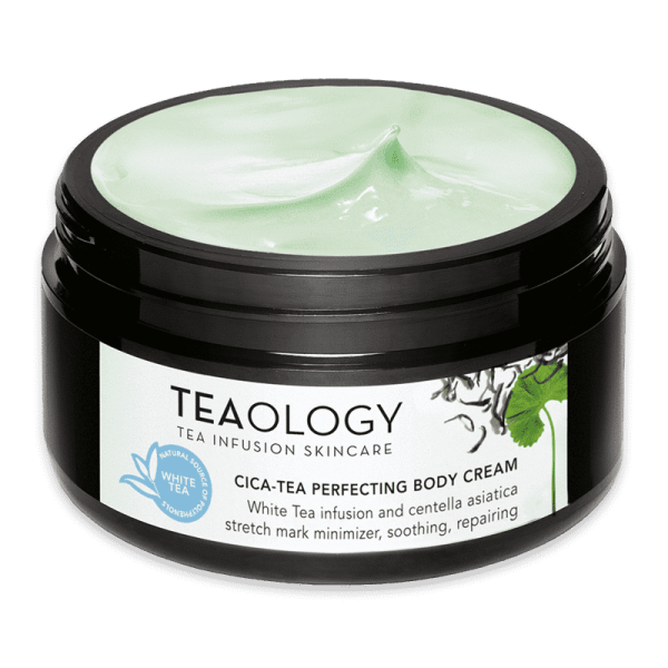 Schwarze Dose mit Cica-Tea Perfecting Body Cream von Teaology, grüne Creme, weiße Teeinfußung und Centella Asiatica.