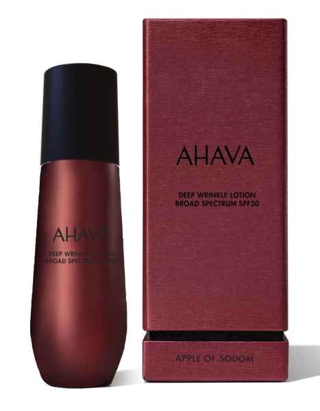 AHAVA Deep Wrinkle Lotion SPF30 in roter Flasche neben passender Verpackung.