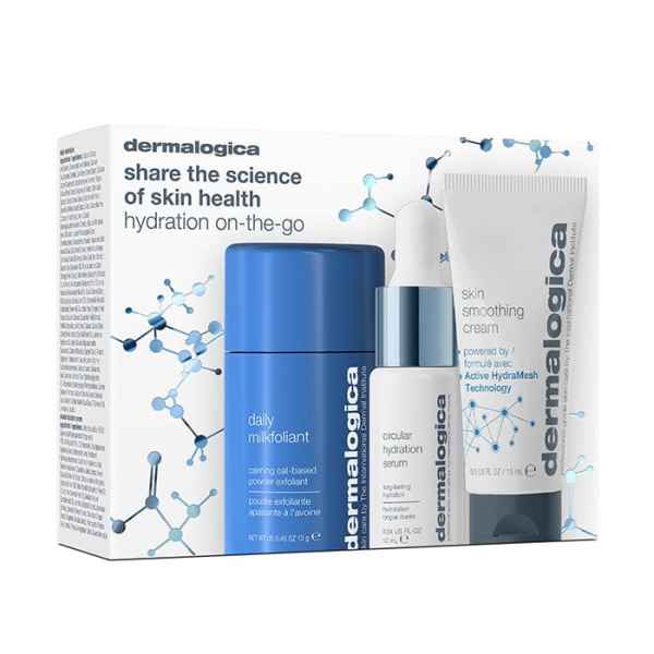 Dermalogica Hydration Trio Set: Daily Microfoliant, Circular Hydration Serum, Skin Smoothing Cream. Verpackung mit Molekül-Design.