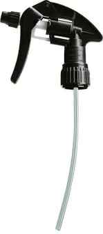 Schwarzer Sprühkopf mit langem transparentem Schlauch, vor weißem Hintergrund.