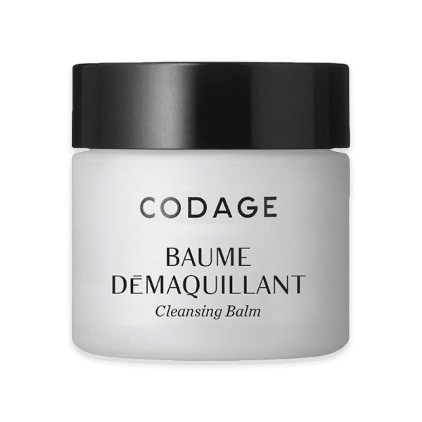 Ein weißer Tiegel mit schwarzem Deckel, beschriftet mit 'CODAGE BAUME DÉMAQUILLANT Cleansing Balm'.