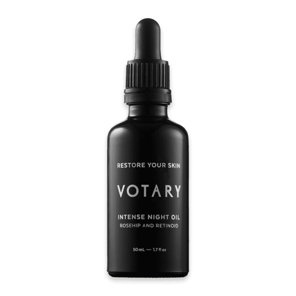 Schwarze Flasche Votary Intense Night Oil mit Pipette, 50 ml, für Hautpflege, enthält Hagebutte und Retinoid.