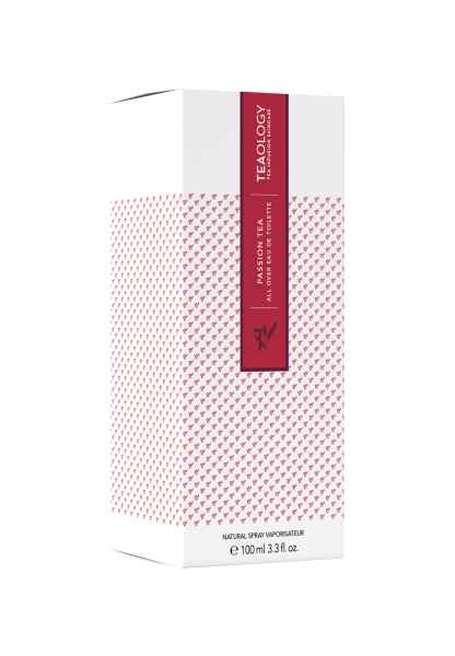 Tealogy Passion Eau de Toilette 100 ml Verpackung mit weißem Hintergrund und rotem Muster.