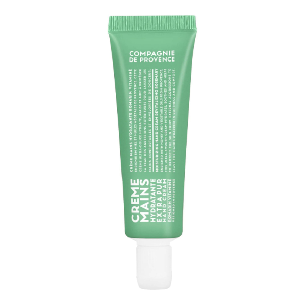 Grüne Tube mit Handcreme von Compagnie de Provence, 30 ml, revitalisierender Rosmarin.
