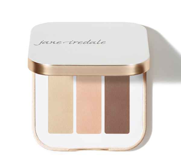 Jane Iredale Lidschatten-Palette mit drei Farben: Beige, Pfirsich und Braun, in einer weißen und goldenen Verpackung.