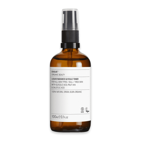 Braune Flasche Evolve Organic Beauty Liquid Radiance Glycolic Toner, 100 ml, für alle Hauttypen, mit Glycolsäure und Salicylsäure.