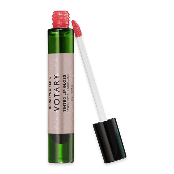 Votary getönter Lipgloss in Himbeerfarbe mit Squalan, 8ml, geöffnete Flasche mit Applikator.
