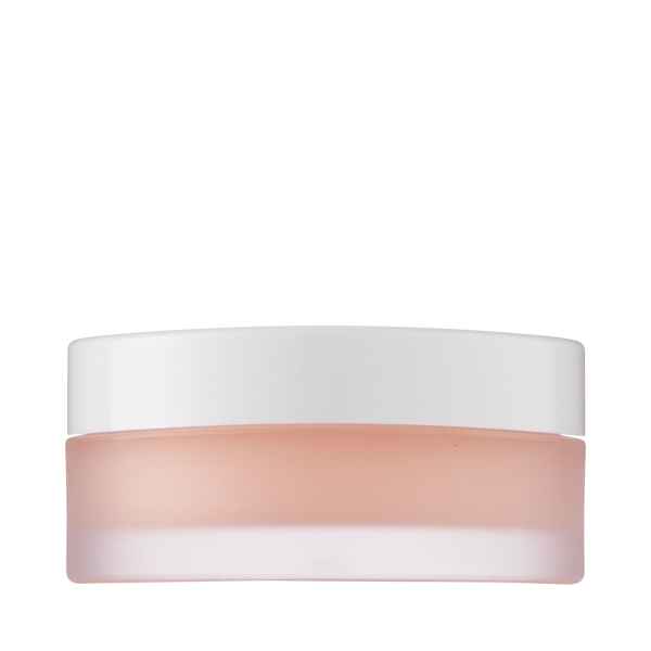 Ein Tiegel mit Lippenbalsam, rosa Inhalt, weißer Deckel, auf weißem Hintergrund.