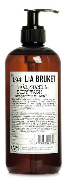 Braune Flasche L:A Bruket Nr. 194 Grapefruit Leaf Hand- und Körperseife, 450 ml, mit schwarzem Pumpspender.