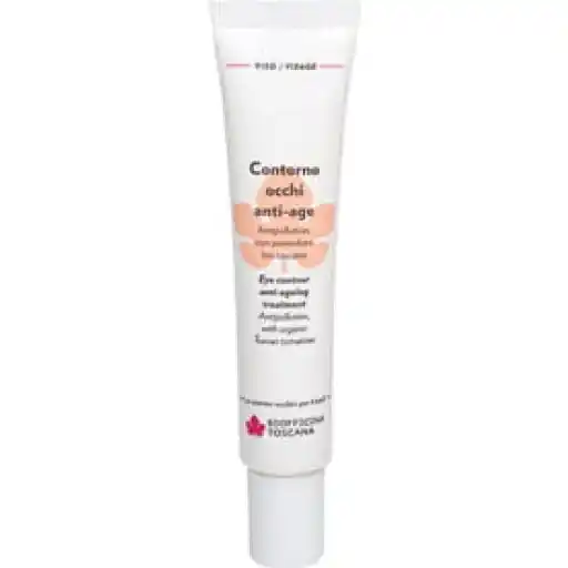 Tube mit Anti-Aging-Augencreme von Bottega di LungaVita, weiße Verpackung mit rotem Logo und schwarzem Text.